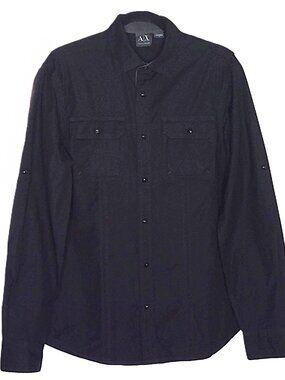 A|X Armani Exchange Men's Jet Black Shirt Button Down Long Sleeve Roll Tab Sz S